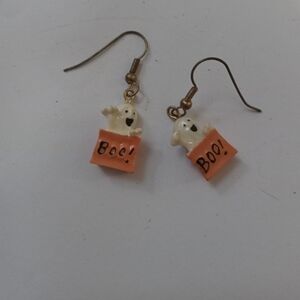 Halloween Ghost 'Boo!' Drop Earrings - Orange & White